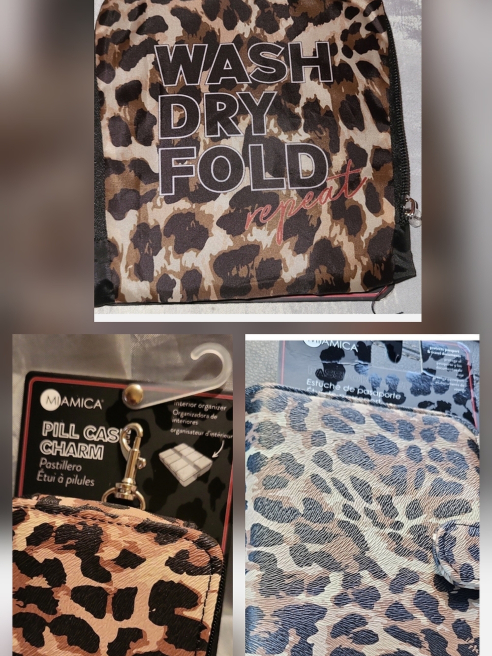 Mamia Leopard Print Laundrary Travel Bag, Pill Case, Passport Case 3 Pc HL